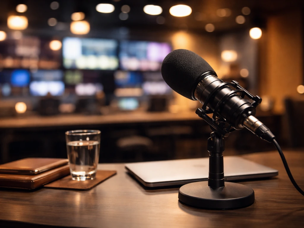 Close view of a broadcast microphone in a sleek TV studio control room, symbolizing celebrity media earnings.
