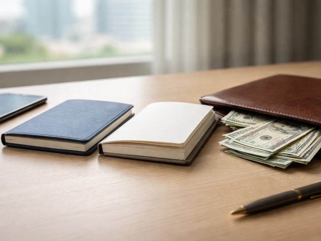 Finance desk scene with cash and two notebooks side-by-side, symbolizing comparing estimate sources.