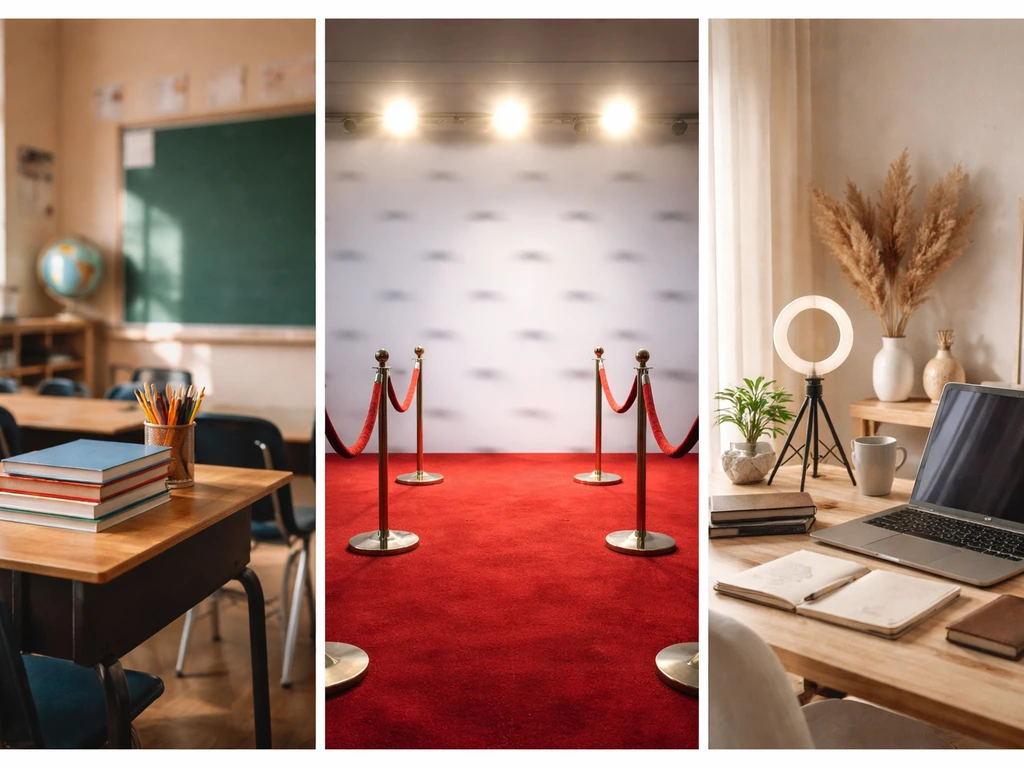 Three-part photo timeline: classroom teaching, red-carpet media event, and modern home office lifestyle.