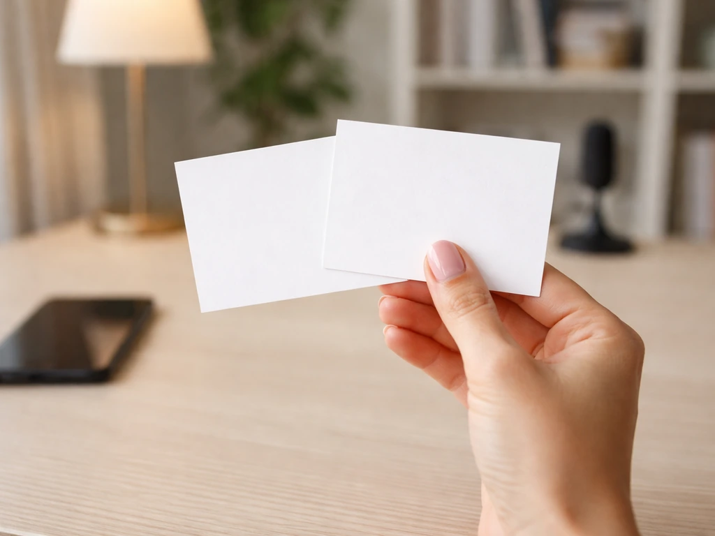 Hand holding two name cards on a desk, identity verification theme with minimal, blurred background.