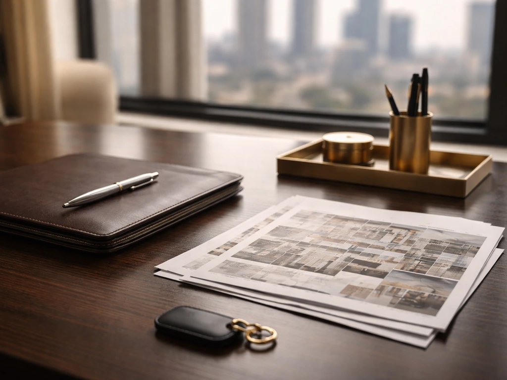 Luxury real estate commission scene: office desk with glossy property papers, pen, and key fob, no people.