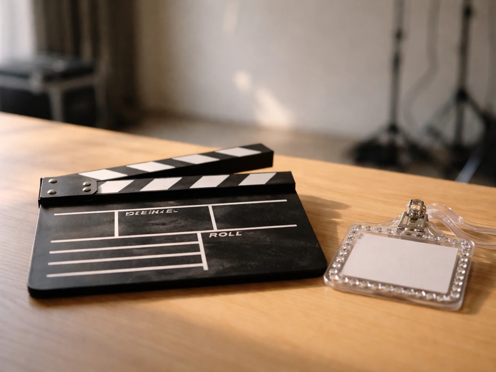 Minimal photo of a production clapboard and a Bravo-style cast badge on a studio desk