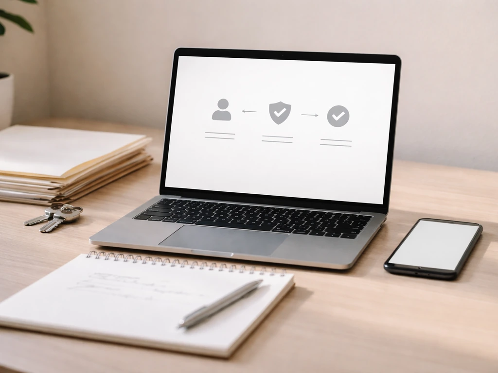 Desk with open laptop and phone beside blank property folders and notes for verifying financial estimates.