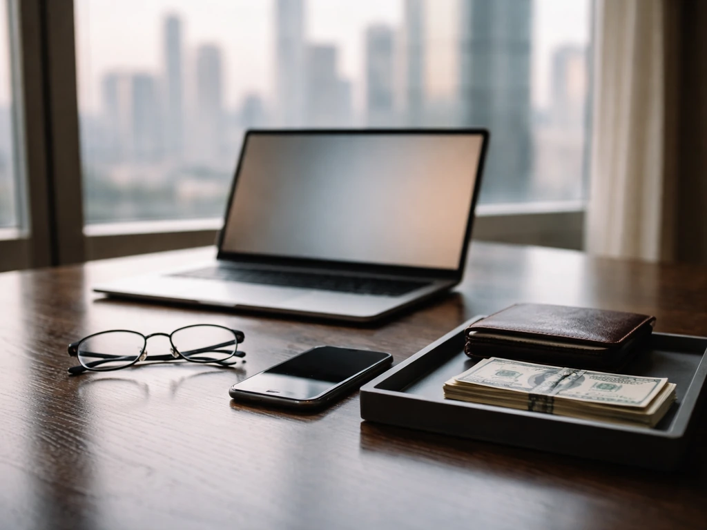 Minimal desk scene with laptop, wallet, cash, and blurred city view symbolizing financial net-worth analysis.