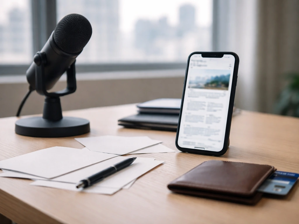 Minimal office desk with smartphone blur, microphone, and wallet symbolizing sorting the right finance figure.