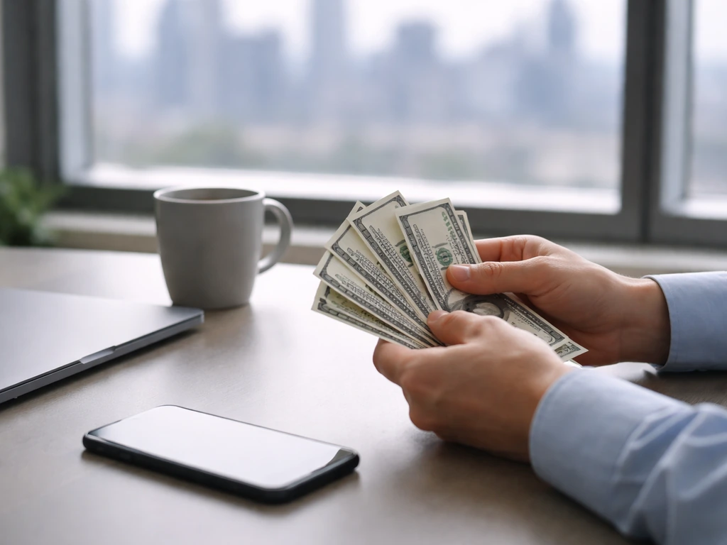 Anonymous hands counting cash at a minimalist desk with a laptop and city view in soft blur