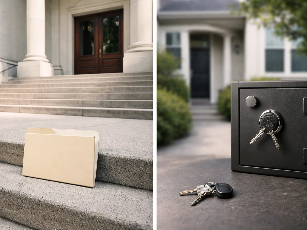 Split image: courthouse and empty folder on one side, private home and safe on the other.