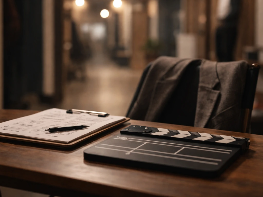 An empty movie set clipboard and production slate on a studio desk, evoking 1990s ensemble film credits.