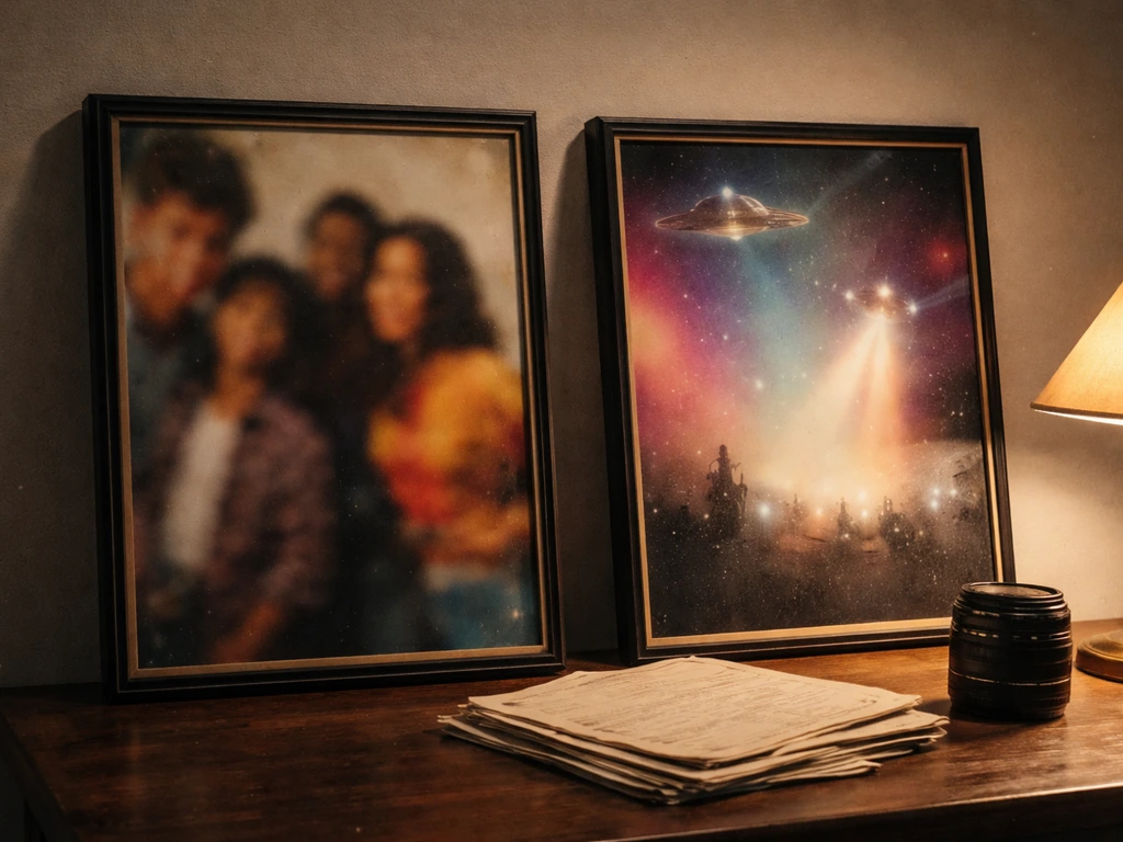 Minimal film-studio scene with vintage movie poster frames and a subtle cinematic mood.