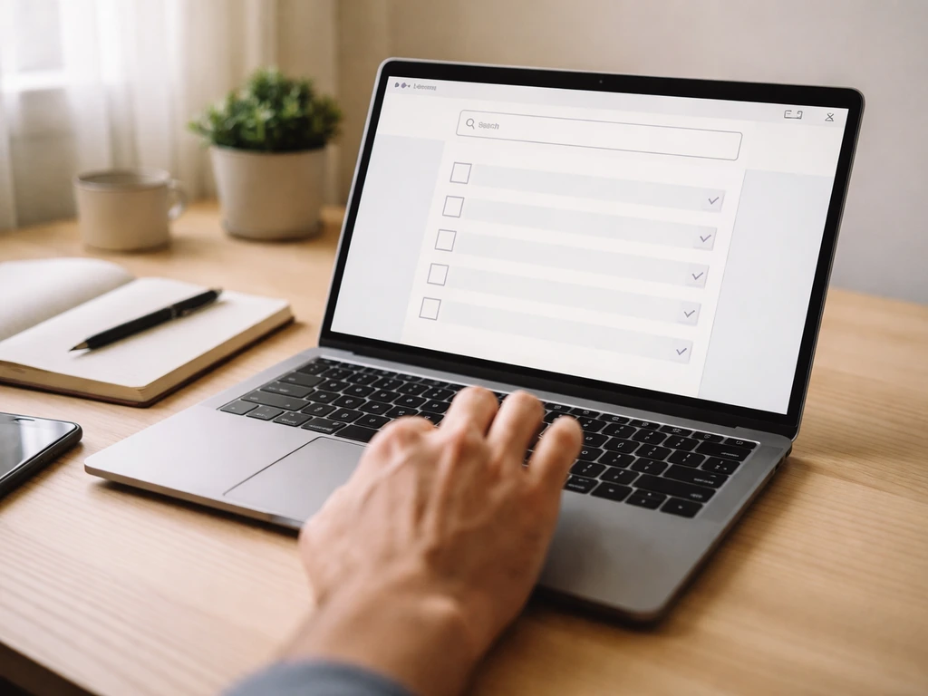 Laptop on a desk showing a generic IMDb-style verification checklist UI with checkboxes and search fields.