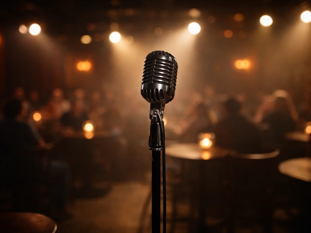 A dim comedy club stage with a microphone and blurred audience, suggesting live stand-up touring income.