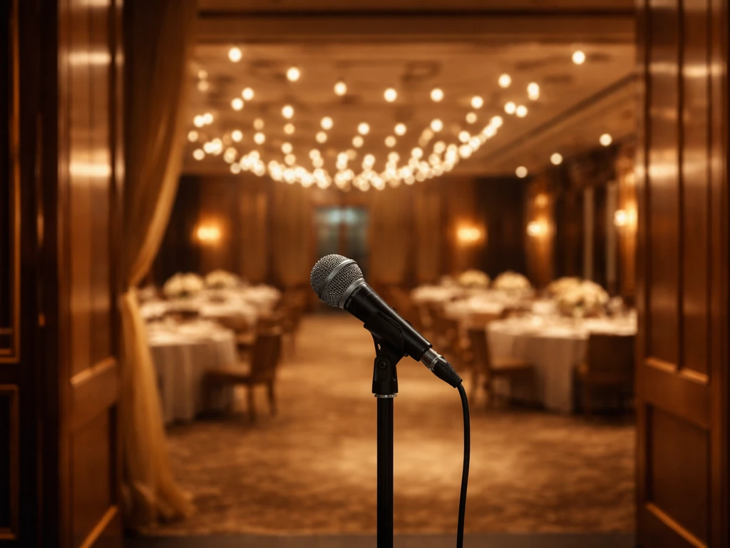 Warm-lit formal event venue with an unused microphone on a stand, suggesting a high-profile dinner media moment.