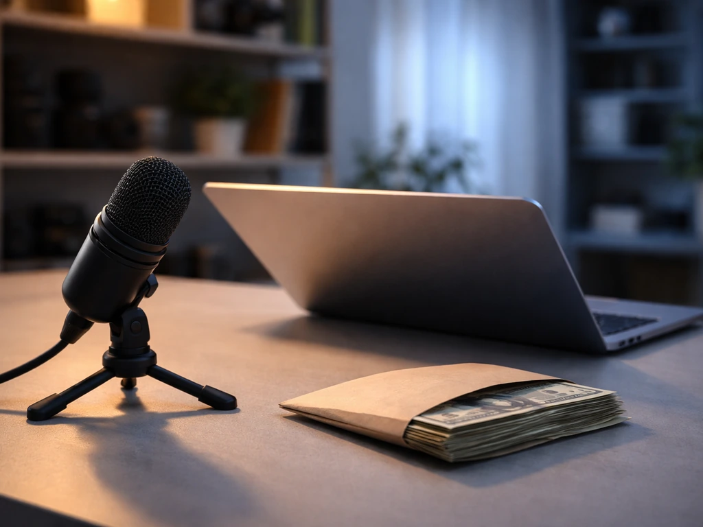 Minimal photo of a laptop and microphone beside a cash envelope, symbolizing factors affecting a media net-worth estimat