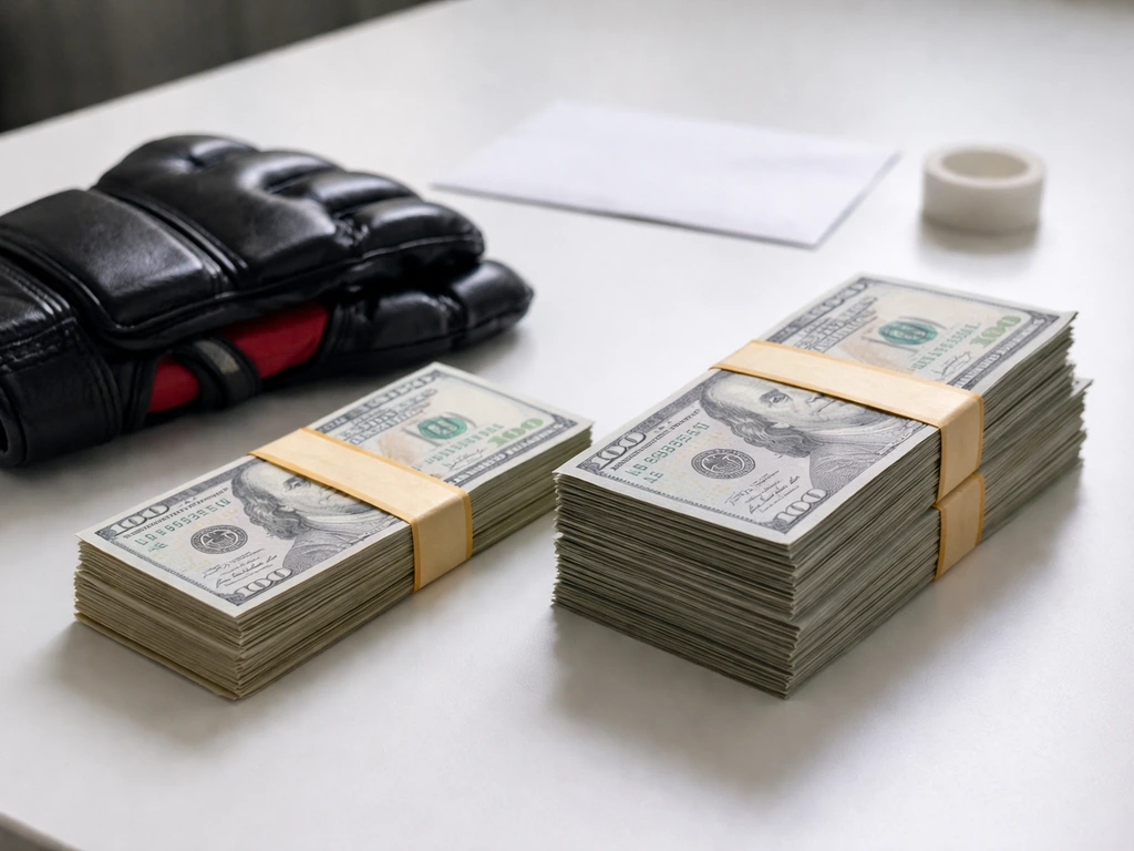 Two stacks of cash on a desk with MMA gloves and an envelope, suggesting show vs win money.