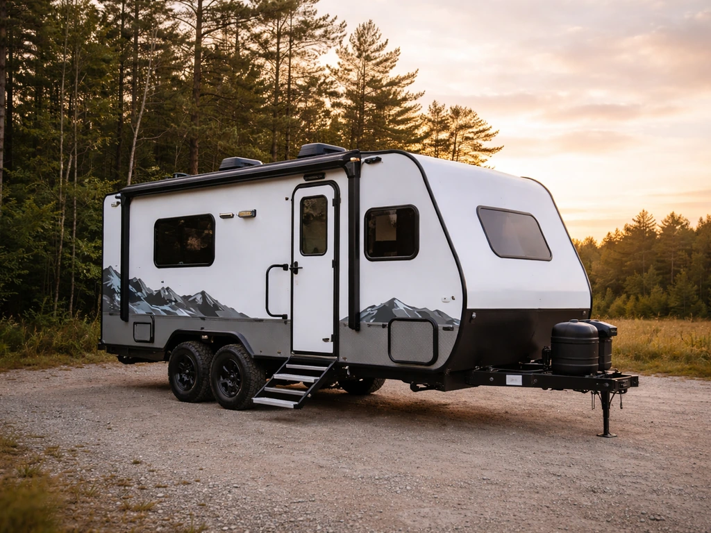 A Forest River IBEX adventure travel trailer parked outdoors with warm light and empty open space