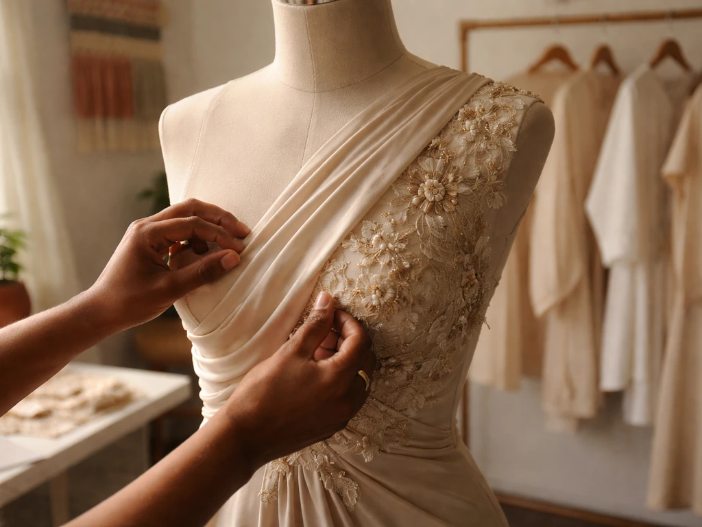 Anonymous fashion designer’s hands adjusting draped satin on a dress form in a sunlit studio.