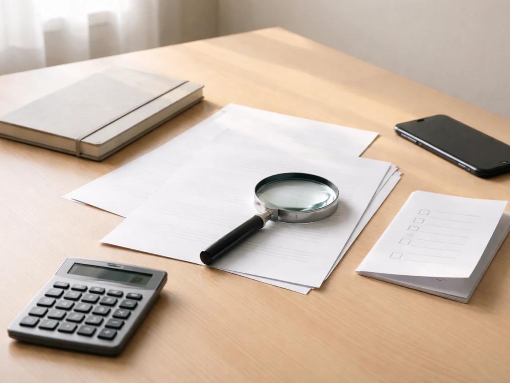 Minimal photo of a desk with scattered documents, a calculator, and a notebook beside a smartphone for financial estimat