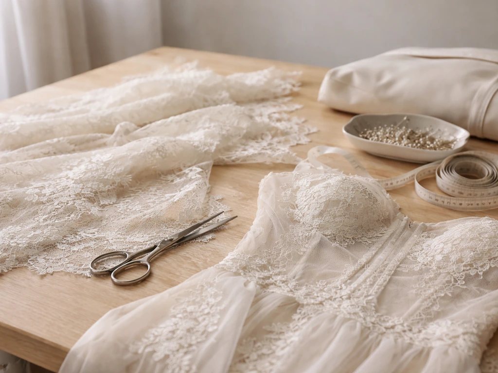 Close-up of bridal dressmaking tools and fabric pieces laid out for boutique order prep.