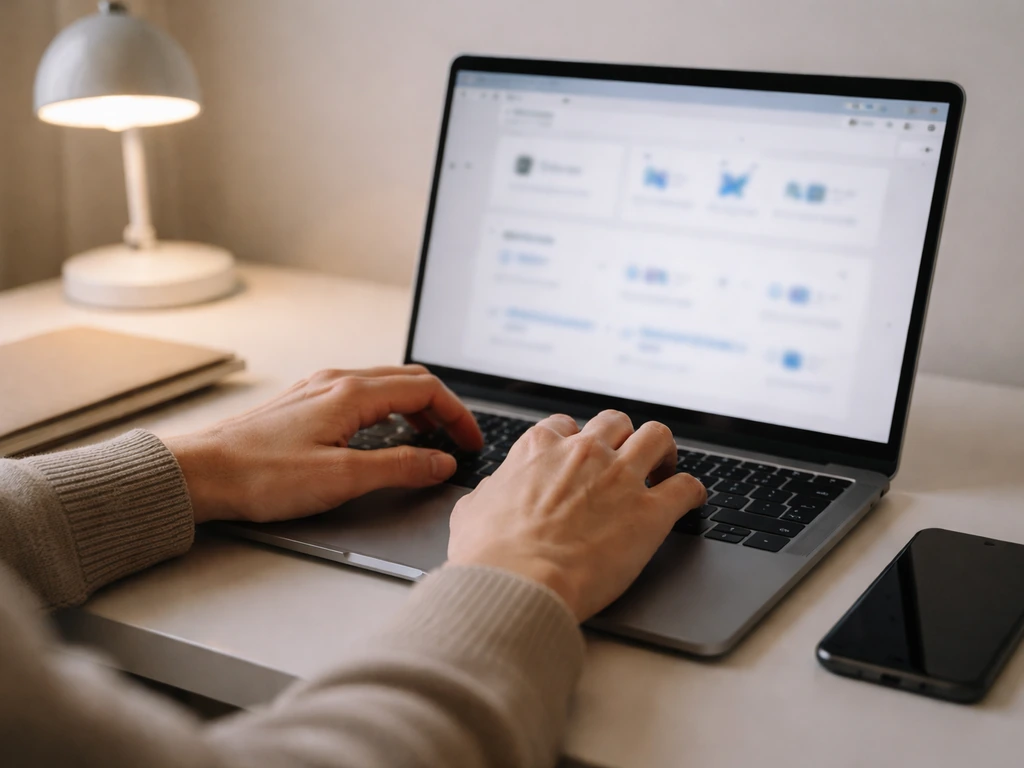 Person working on a laptop with an anonymous social-media analytics style dashboard on screen.