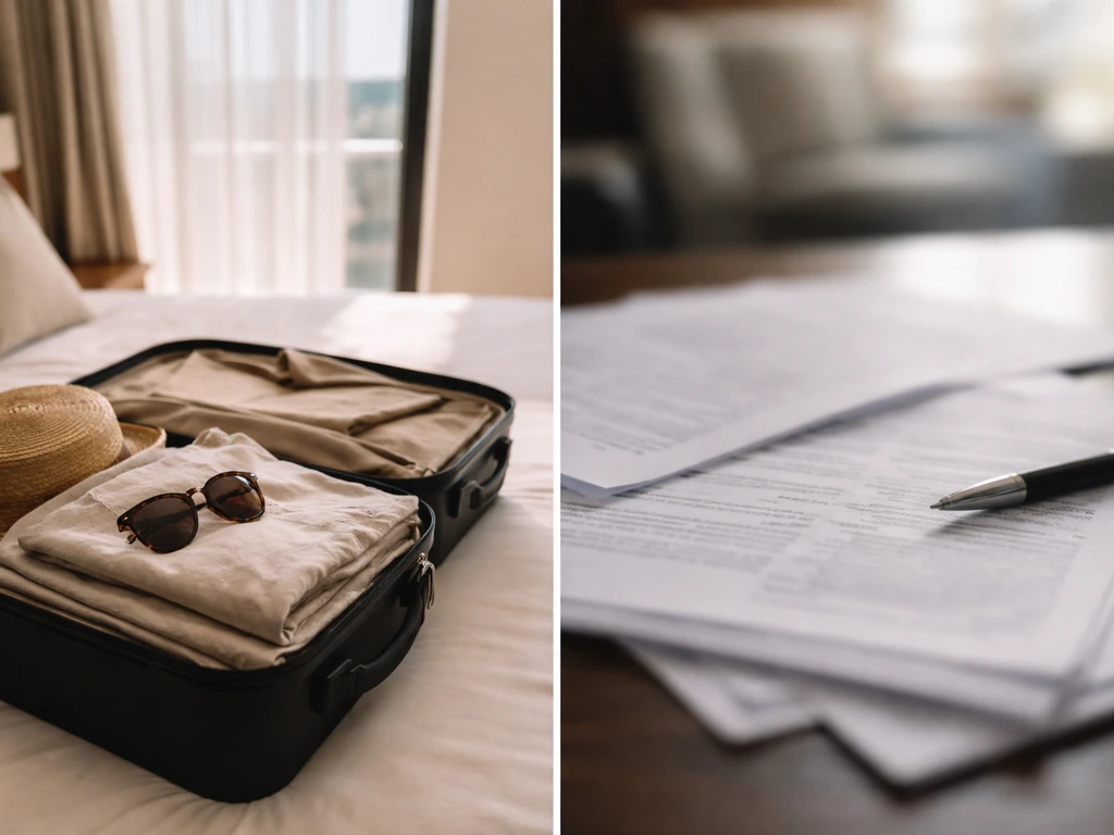 Minimal split-screen style photo showing a suitcase and luxury home exterior beside blurred paperwork to imply unprovabl