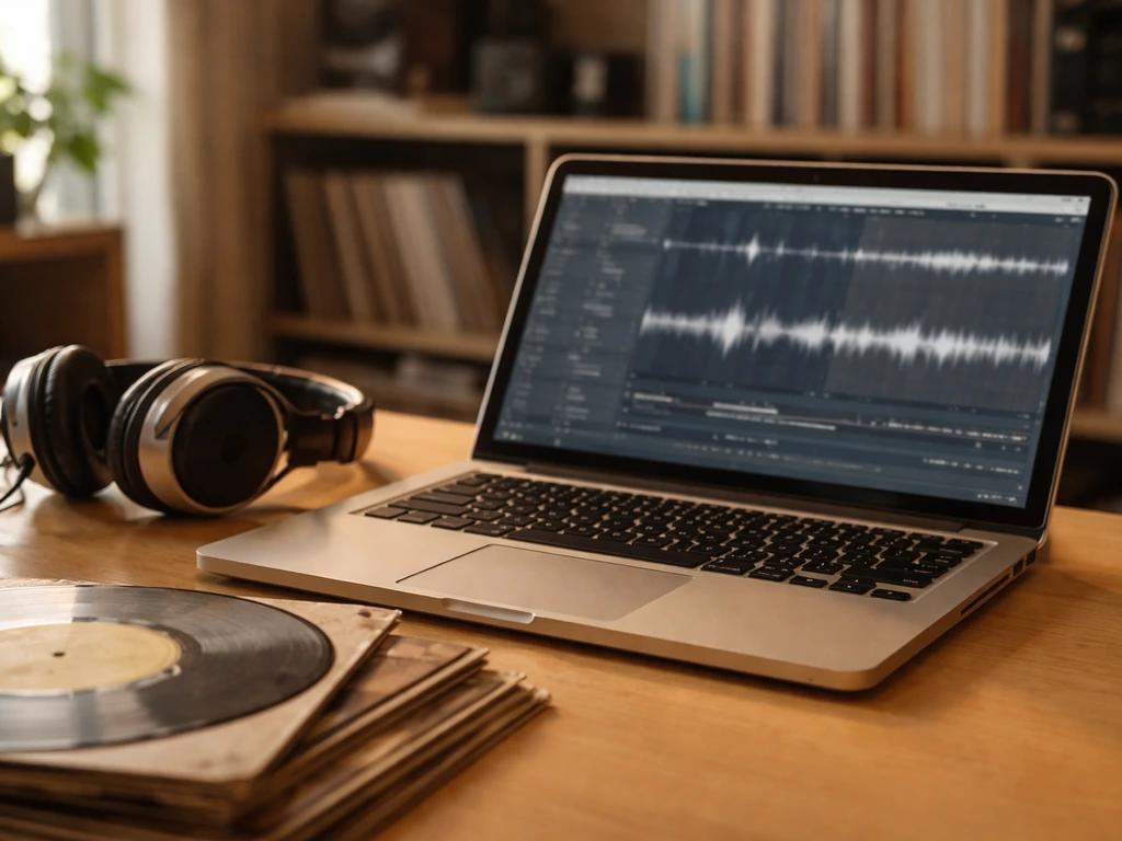 Close-up of studio desk with headphones and vinyl records, suggesting music catalog income.