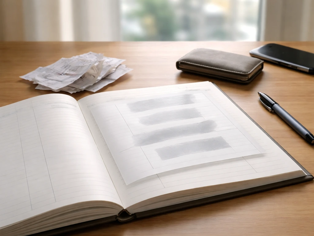 Minimal desk scene with receipts and an open ledger showing uncertainty ranges without text