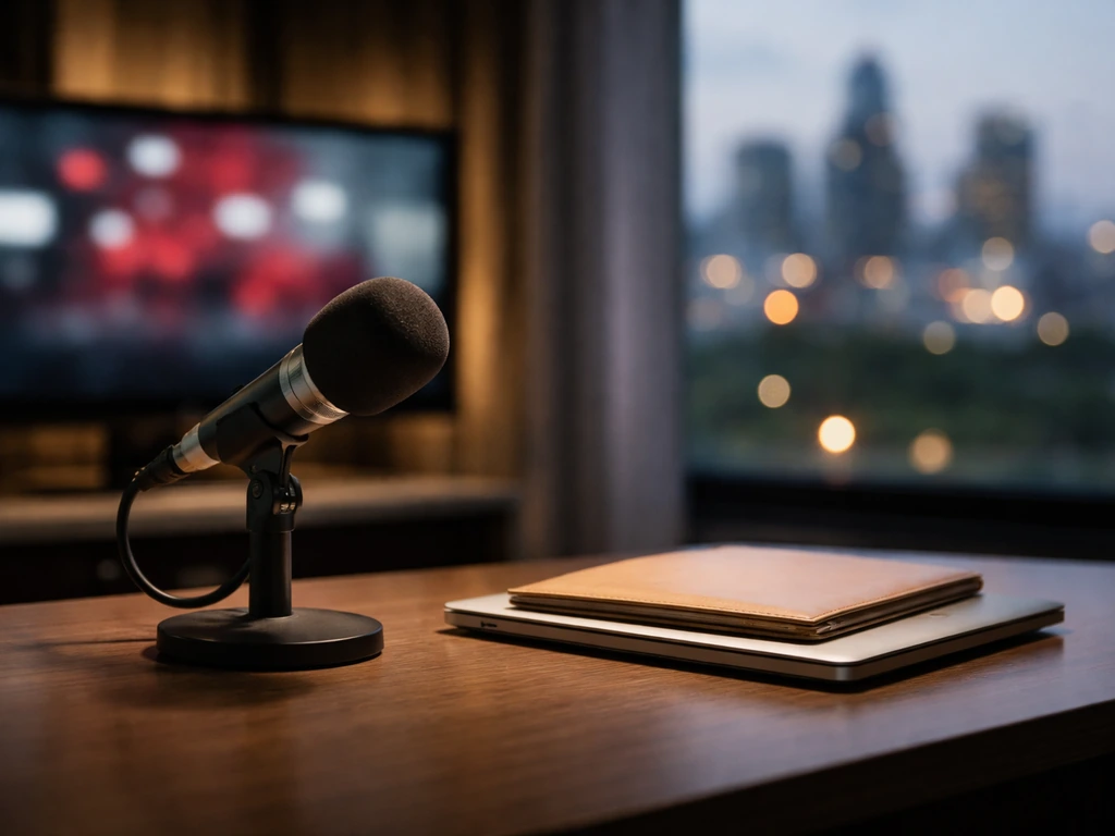 Modern TV studio scene with a microphone and city finance vibe, symbolizing analysis of an NCIS actress’s net worth.