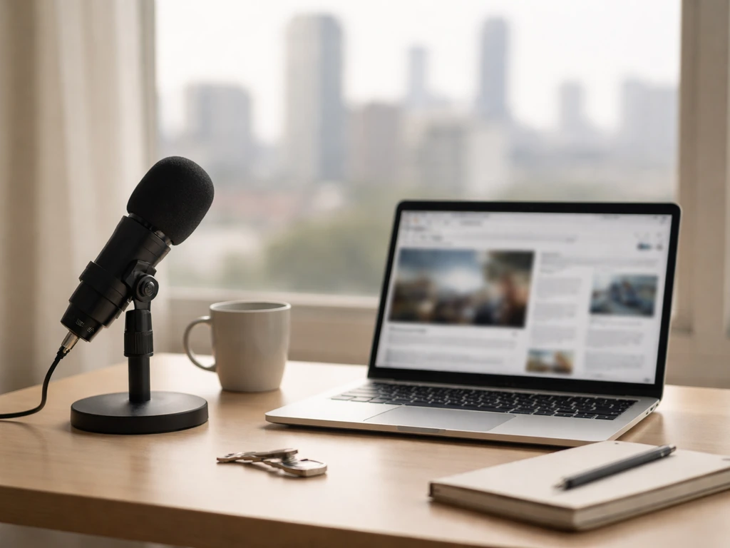 Cozy finance-themed studio desk with microphone, coffee, and a laptop showing blurred news clips, no identifiable people