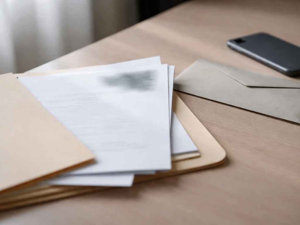 Minimal close-up of a desk with an open folder and blurred finance documents, conveying unknown personal wealth data.
