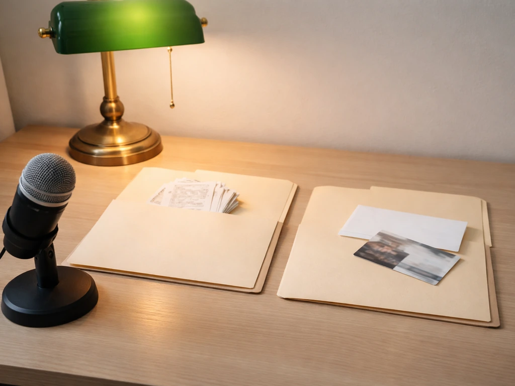 Minimal studio desk with a microphone and two unlabeled folders suggesting different ways to calculate net worth.