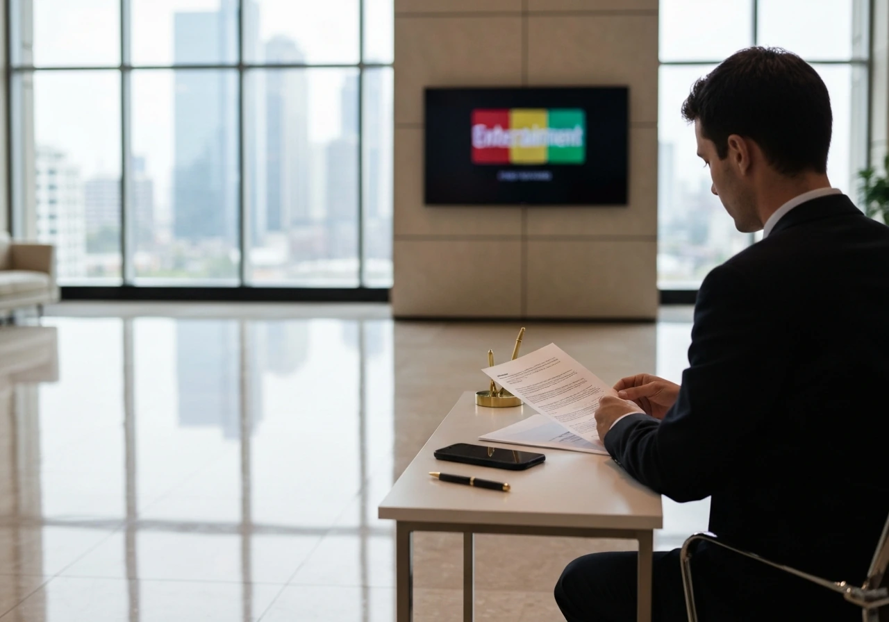 Anonymous professional in a luxury real-estate office lobby with a blurred TV and city view.