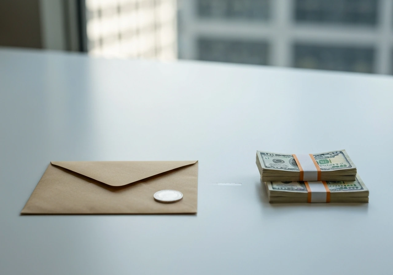 Minimal desk scene with a money envelope and two cash bundles representing a $1M to $3M net worth range.