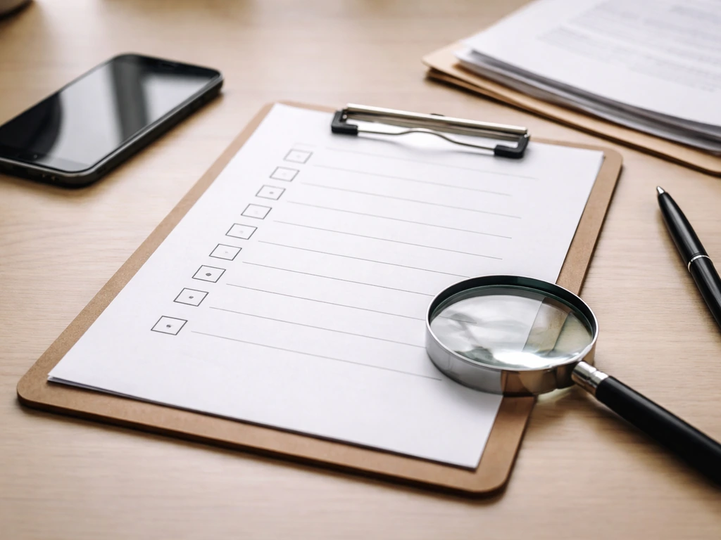 Clipboard checklist, magnifying glass, smartphone, and documents on a desk for a practical verification workflow.