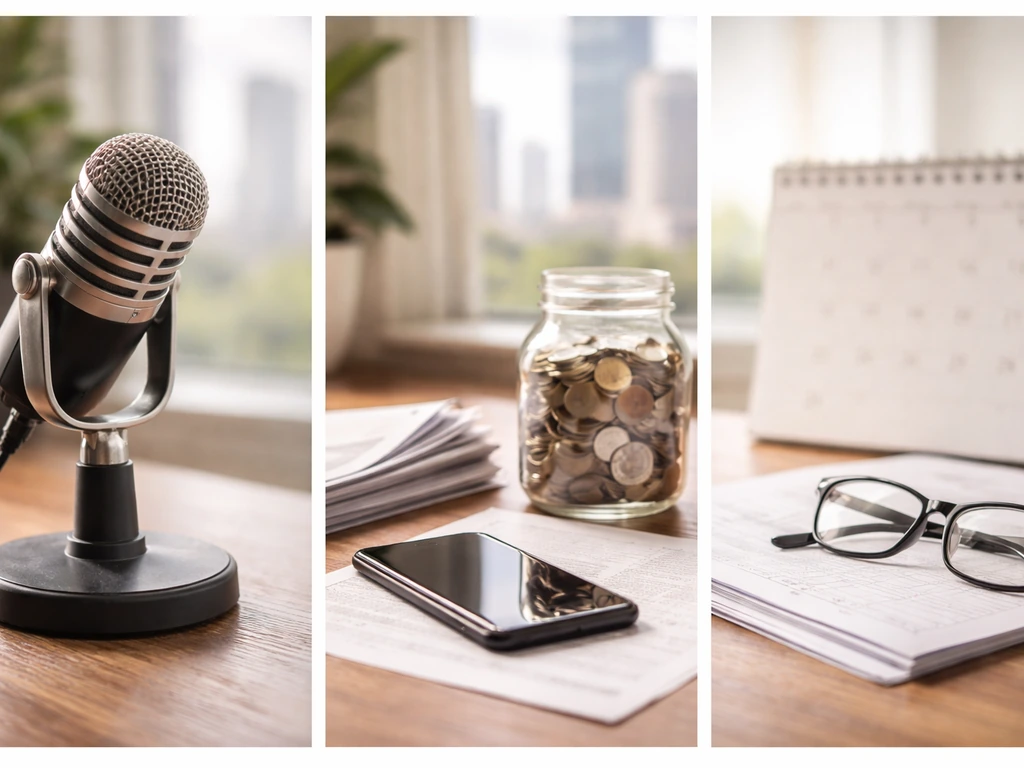 Minimal desk scene with a microphone, coins, and documents symbolizing public signals for net-worth estimation.