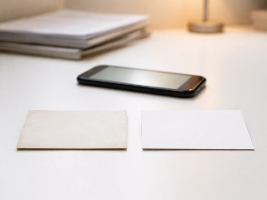 Two blurred business cards side-by-side as a symbol for verifying the right person in a net worth search