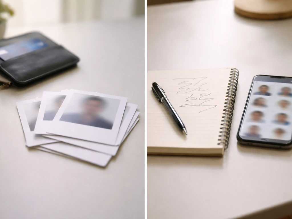 Minimal desk scene with blurred identity items and media clues suggesting verifying the right person.