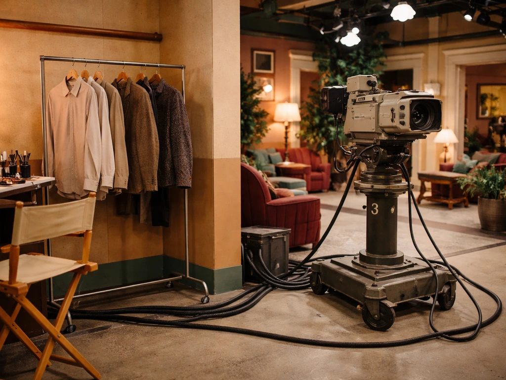 Vintage television studio set with period lighting and a wardrobe rack, symbolizing late-1980s network TV career earning