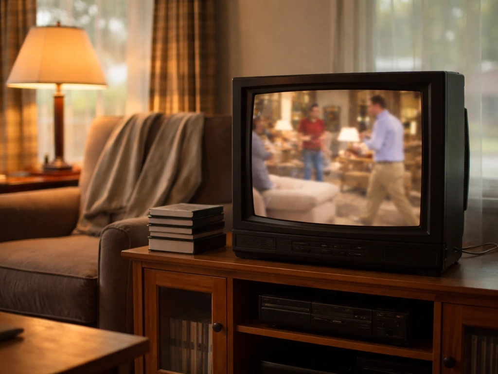 Warm 1990s living room scene with a CRT TV and VHS tapes, evoking a sitcom era without text.