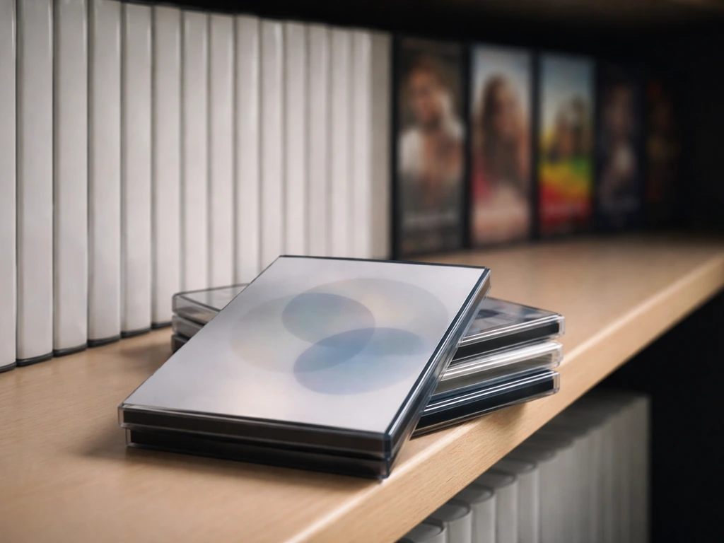 Empty media library shelves with blurred streaming thumbnails, suggesting syndicated recurring payments