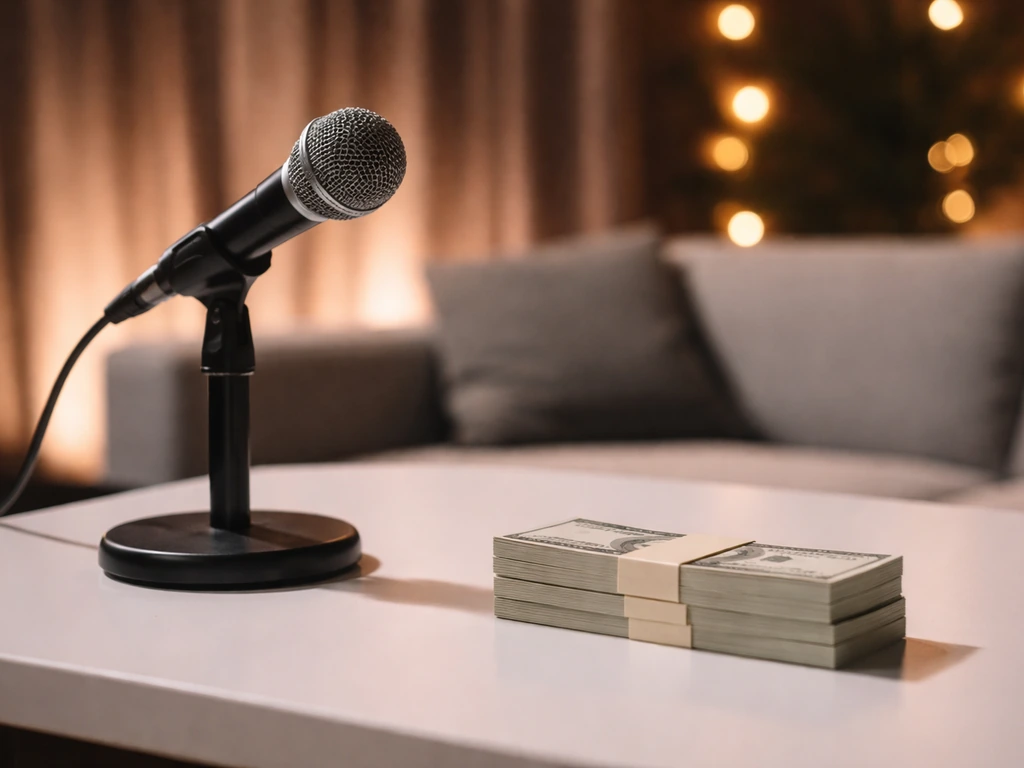 Close-up of a studio microphone beside a desk with neutral cash-style props, symbolizing media wealth.