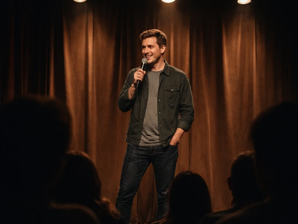 Comedian on a small theater stage holding a microphone with a softly blurred audience in front