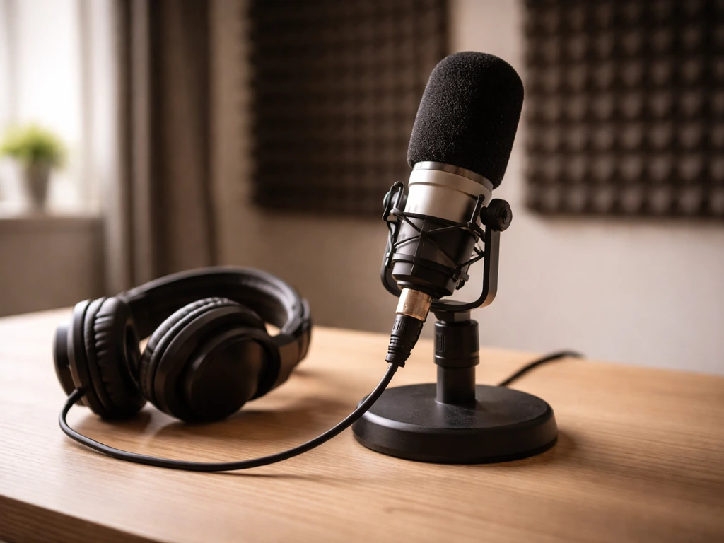 A podcast microphone with headphones in a quiet recording booth, minimal studio setup