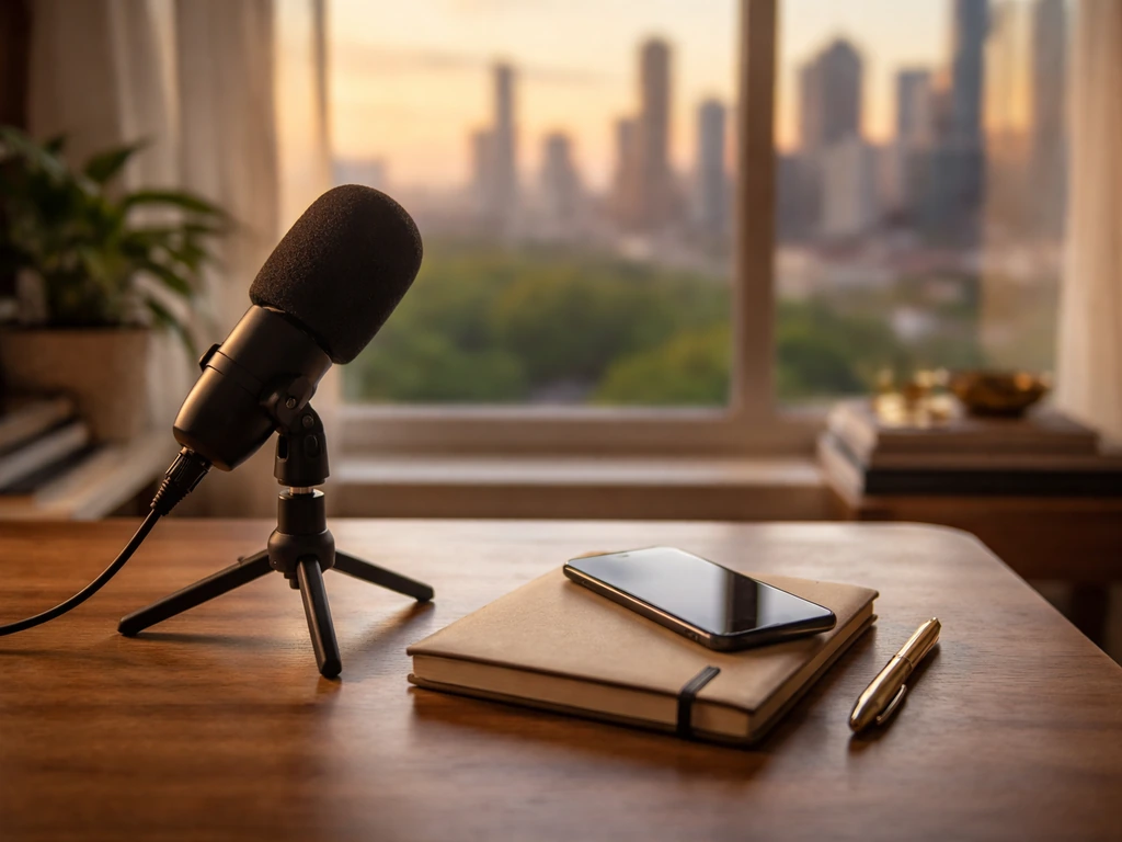 Minimal media desk scene with a microphone and warm city-window light, no people, no text.