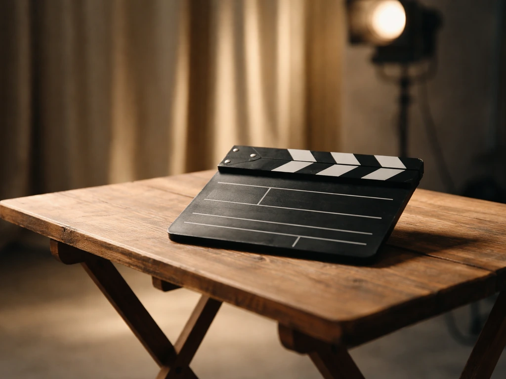 A quiet film set table with a clapperboard and soft curtain background, no people shown.