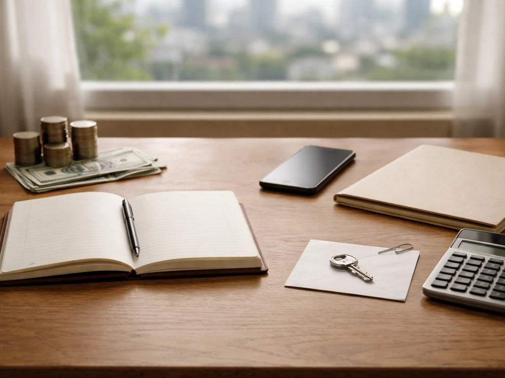 Minimal photo of a desk with a calculator, folder, and scattered coins beside a blurred city skyline