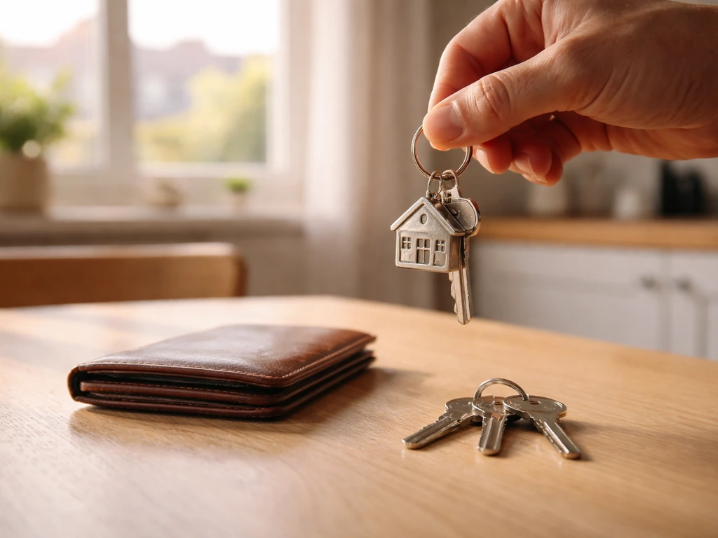 Minimal photo of a hand holding keys over a sunny kitchen table with a blurred city skyline outside.