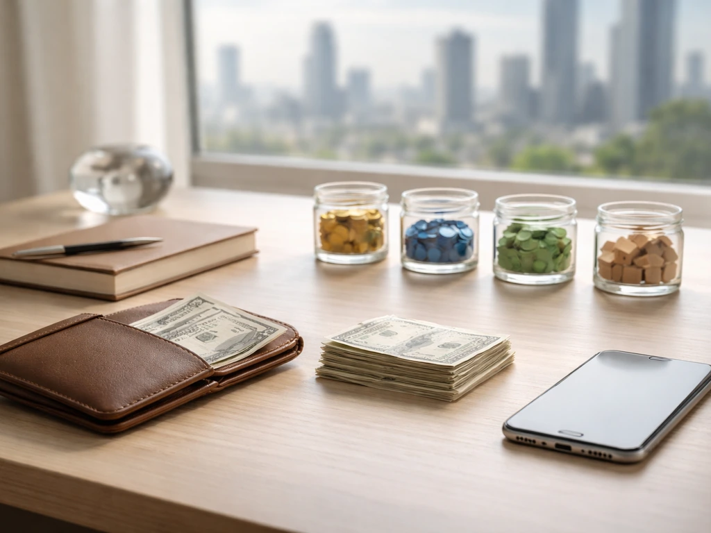 Minimal desk scene with wallet, coins in unlabeled containers, and a city view symbolizing a net worth range