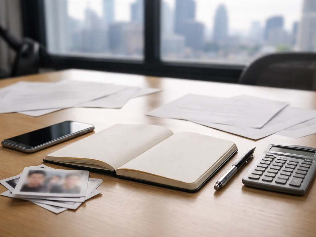 Close-up of an anonymous desk with a notebook, calculator, and blurred printed photos showing estimated info sources.