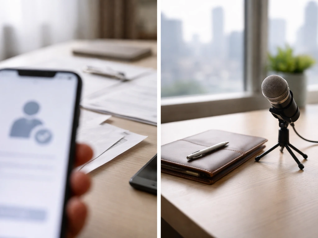 Minimal office desk split concept: blurred verification on phone and finance tools with city light backdrop.
