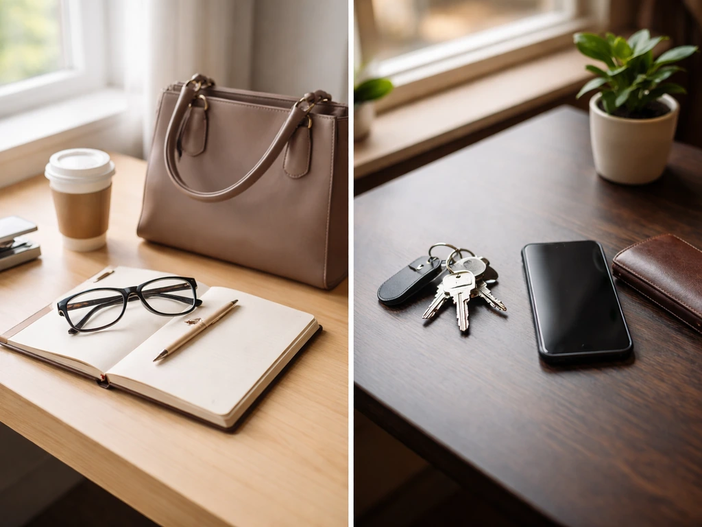 Two minimal side-by-side desk setups showing two distinct “identity” cues with different objects, no people.